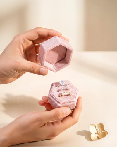 Velvet Jewelry Ring Box, 3 Slots Hexagon Engagement Wedding Ring Holder for Wedding Ceremony Proposal - color: Blush Peach