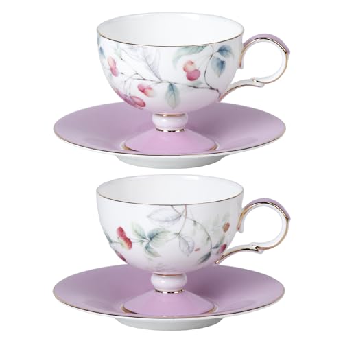 KAMMAK Tea Cups Set of 2,Ceramic Floral Pattern Demitasse Cup | Porcelain Espresso Cup with Saucer, 6.76 oz Handmade Elegant Bone China Tea Cups for Latte, Americano, Cappuccino - color: Cherry & Strawberry