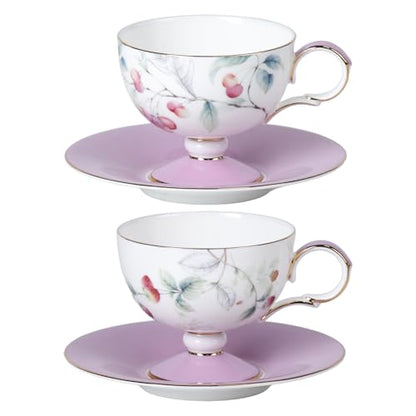 KAMMAK Tea Cups Set of 2,Ceramic Floral Pattern Demitasse Cup | Porcelain Espresso Cup with Saucer, 6.76 oz Handmade Elegant Bone China Tea Cups for Latte, Americano, Cappuccino - color: Cherry & Strawberry