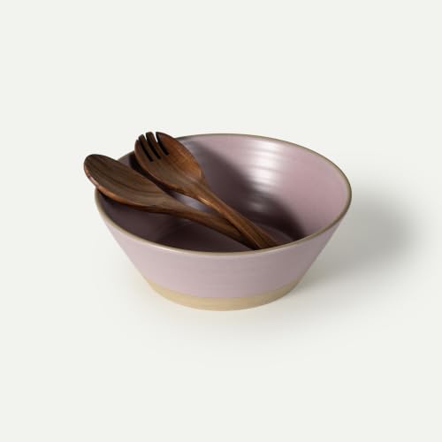 Mora Giant Salad Bowl Set with Wood Salad Servers, 4 qt Large Ceramic Serving Bowl for Salad, Pasta & Fruit, Microwave, Oven and Dishwasher Safe - Dawn - color: Dawn