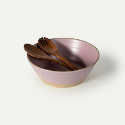 Mora Giant Salad Bowl Set with Wood Salad Servers, 4 qt Large Ceramic Serving Bowl for Salad, Pasta & Fruit, Microwave, Oven and Dishwasher Safe - Dawn - color: Dawn