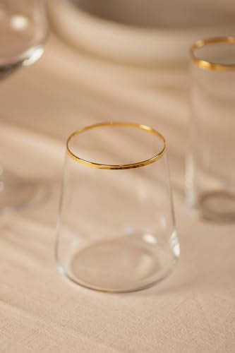 RAKLE Avantgarde Stemless Wine Glasses Set of 4, 14.3oz Gold Rimmed Drinking Tumblers for Red White Rose Wine and Cocktails, Lead-Free Durable Dishwasher Safe Glassware, Elegant Gold Accented Design - color: Gold-rimmed stemless