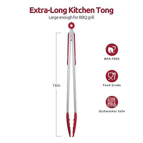 U-Taste 600ºF High Heat 16in Silicone Kitchen Tong and 600ºF Heat Resistant 13.76" Long, 3.63" Wide Wok Spatula for Kitchen Stir Fry (Red)