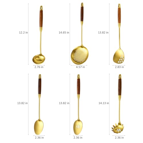 Izurok 18/10 Stainless Steel Kitchen Utensils Set,6 Piece Cooking Utensils With Wood Handle,Heat Resistant Kitchen Tool Set With Spatula, Spoon, Ladle, Skimmer, Slotted Spoon, Pasta - color: GOLD-6 Pieces, size: Small