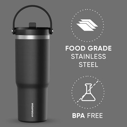 Hydrapeak Nomad 32oz Stainless Steel Insulated Travel Tumbler with Handle & Straw Lid, Leakproof, Cupholder Friendly, Back to School, College Dorm, Gym & Everyday Hydration, Cold 24 Hours (Black) - color: Black