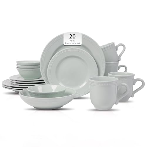 HomeVSS 20-Piece Pearl Dots Stoneware Dinnerware Set, Teal, Service for 4 | plates and bowls sets，dinnerware sets for 4,Pearl Dots Dinnerware，Microwave and Dishwasher Safe - color: Teal, size: 20pc Set