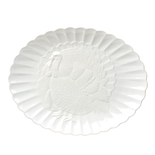 Lenox French Perle White Stoneware Turkey Thanksgiving Serving Platter | Dishwasher safe, microwave safe, carved design | serving dish, holiday hosting centerpiece | 1.75 in, Christmas kitchen decor - style: Casual