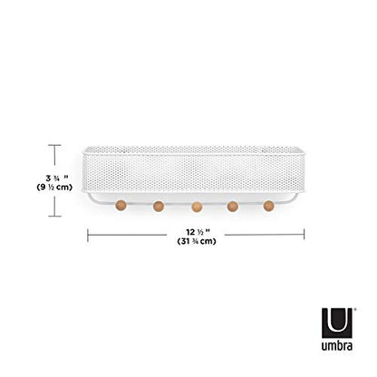 Umbra Estique Entryway Organizer, Wall Mount Key Holder, White/Natural | Steel construction, perforated mail bin, five wooden knob hooks, hidden mounting hardware, holds up to 5 lbs - size: Small