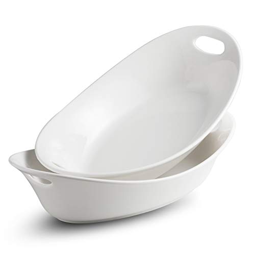 YHOSSEUN Large Serving Bowl with Handles, Oval Serving Platter Set of 2 | Thanksgiving Serving Dishes for Entertaining, Ceramic Salad Bowls Set, 1.5 Quarts, White, Microwave Dishwasher Oven Safe - style: Oval