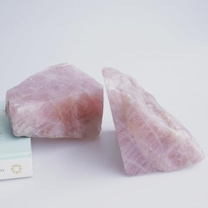 Natural Rose Quartz Bookends with Rubber Feet 4-5Lbs Heavy Duty Non-Slip Crystal Bookends 1 Pair | Raw & Polished Stone | Healing Office Decor Gift - size: 4-5 LBS