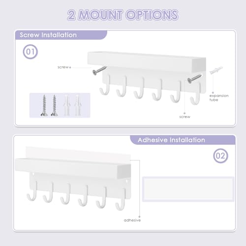 VIS'V Key Holder Wall Mount, Adhesive Key Rack with Tray, 6 Hooks, White | 2 Mount Options, Compact Discreet Design, Suitable for Entryway, Hallway, Doorway, Kitchen, Garage, Camper - color: White