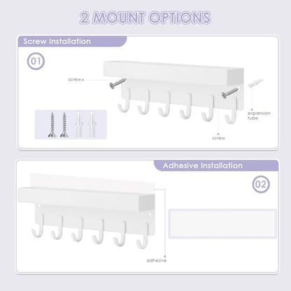 VIS'V Key Holder Wall Mount, Adhesive Key Rack with Tray, 6 Hooks, White | 2 Mount Options, Compact Discreet Design, Suitable for Entryway, Hallway, Doorway, Kitchen, Garage, Camper - color: White