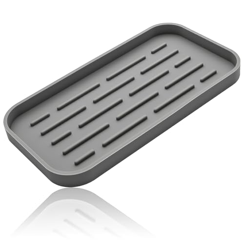 Silicone Organizer Tray, Soap and Sponge Holder for Kitchen Sink, Bathroom - Storage Tray for Dish Brush, Soap Dispenser, Dishwashing Accessories-(Gray 1 Pack, 10"x5.3") - color: Gray, size: 10 x 5.3 inches, 1 Pack
