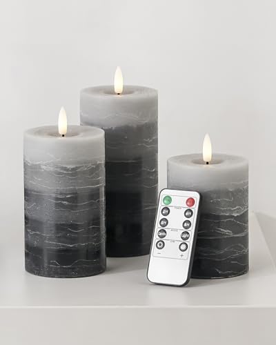 Stmarry Distressed Gradient Gray Flameless Candles with Remote and Timer, Real Wax Made LED Pillar Candles Battery Operated with 3D Flickering Flame - 3" x 4",5",6" - Set of 3 - color: Gradient Gray