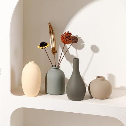 Ceramic Vase Set of 4 Small Vases Home Decor Modern Rustic Farmhouse | Pottery Decorative Flower Vases for Pampas Grass Dried Fresh Flowers, Living Room, Bedroom, Table Centerpiece, Mantel, Shelf