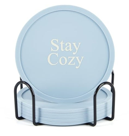 Silicone Coasters Set of 6, Premium Drink Coaster with Holder, Non-Slip, Non-Stick, Dishwasher Safe, Perfect for Hot and Cold Drinks, Protect Your Desks and Tables(6 Morandi Blue) - color: Morandi Blue
