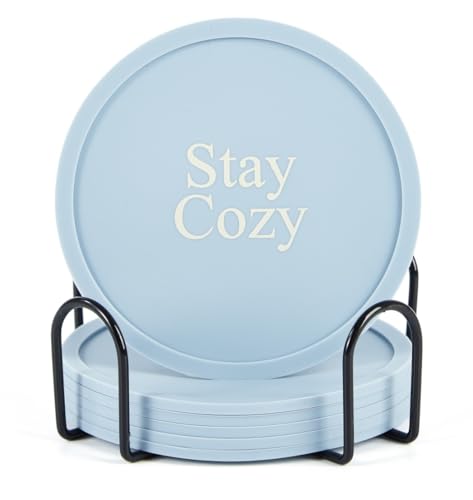 Silicone Coasters Set of 6, Premium Drink Coaster with Holder, Non-Slip, Non-Stick, Dishwasher Safe, Perfect for Hot and Cold Drinks, Protect Your Desks and Tables(6 Morandi Blue) - color: Morandi Blue