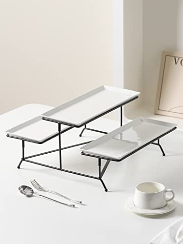 Kanwone 2 Tier Serving Stand With White Porcelain Platters, 14.5" x 6" Tiered Tray for Entertaining Party, Dessert Stand With Black Metal Base - style: Style2