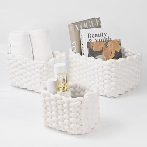hand-knitted velvet rope storage basket set of 3 - soft cotton rope desktop cosmetics organizer box - nesting multi-functional storage basket (white) - color: White
