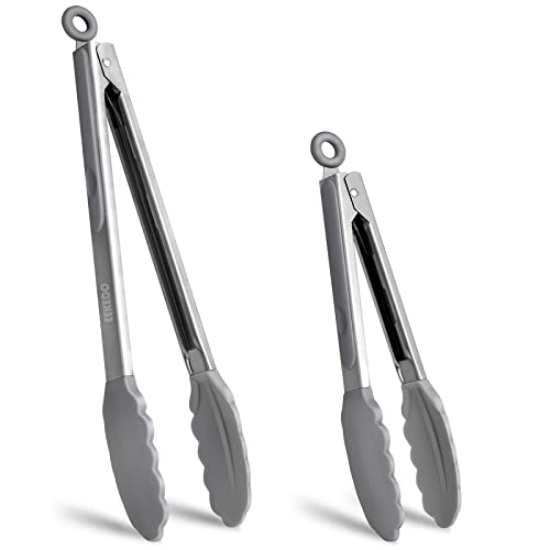 Tongs for Cooking, Stainless Steel Kitchen Tongs with Silicone Tips | 600ºF High Heat-Resistant, Non Scratch, Locking Tong for BBQ Grilling Air Fryer Food Salads, Set of 2 (9" and 12") Light Grey - color: Light Grey, size: 9 + 12 inches