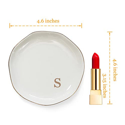 Initials Ring Dish Jewery Tray with Personalized S-Monogrammed Engagement Wedding Gifts for Friends,Sister,Birthday Christmas Gifts for Women,Ceramic White - style: s