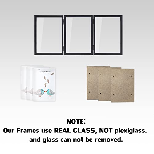 WUTL 3 Picture Frame Triple Collage 4x6 Frames with Real Glass Black | Trifold Photo Frame, Hinged Foldable, Crystal Clear Real Glass - color: Black, size: 4x6