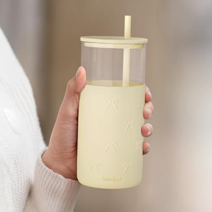 SANDJEST Glass Tumbler with Straw and Lid, Glass Water Bottle with Silicone Sleeve 20oz, Smoothie, Iced Coffee Cup, Bow Gifts for Women Teen Girls Birthday Christmas - color: Bow 2
