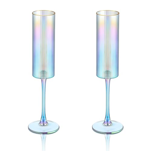 Joeyan Iridescent Gold Rim Ribbed Champagne Flutes Glasses Set of 2, 7oz Square Hand Blown Crystal Prosecco Glasses for Toasting, Sparkling Wine, Mimosas, Cocktails, Wedding, Party, Anniversary, Gift - color: Iridescent champagne glasses