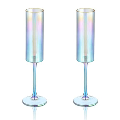 Joeyan Iridescent Gold Rim Ribbed Champagne Flutes Glasses Set of 2, 7oz Square Hand Blown Crystal Prosecco Glasses for Toasting, Sparkling Wine, Mimosas, Cocktails, Wedding, Party, Anniversary, Gift - color: Iridescent champagne glasses