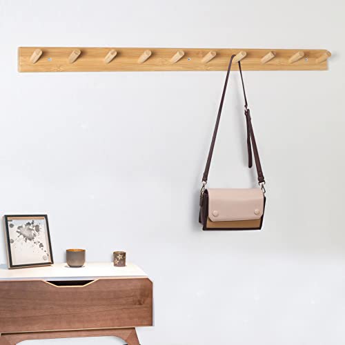 SKOLOO Wall Mounted Coat Rack 38", 10 Hooks, Bamboo, Shaker Style, Natural | Wood wall hooks, painted finish, 100-lb cap, entry/bath/bed, hanging backpack coat towel hat, long pegs, 16" stud spacing - color: Bamboo Gold, size: 38 inch