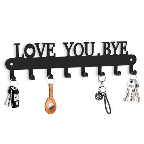 Key Holder for Wall - 'Love You Bye' Key Hooks, Black, 8 Hooks | Key Holder Wall Mount Self Adhesive, Key Rack Wall Mount for Wall No Drill for Living Room, Kitchen, Bathroom, Garage - color: Love You Bye' Black 1p