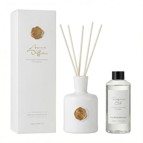 Gardenia Reed Diffuser Set for Home, Natural Essential Oil Fragrance | Long Lasting,Strong Scent, Elegant Fragrance for Bathroom Bedroom Office Decor Air Fresh,Ideal gift Set - color: White