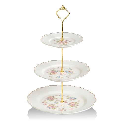 Sweejar 3 Tier Ceramic Cake Stand Wedding, Dessert Cupcake Stand for Tea Party Serving Platter(Small Flower) - color: Small Flower