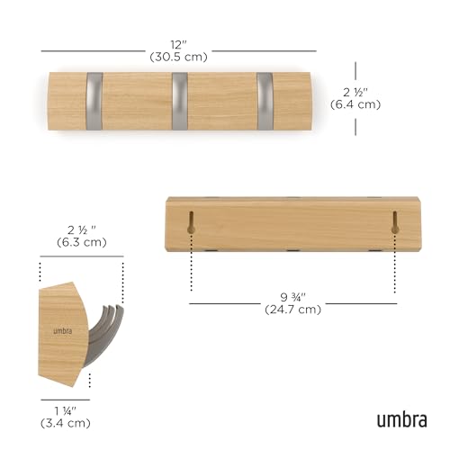 Umbra Flip Coat Rack, Wall Mount Retractable Hooks, 3-Hook, Natural/Nickel | Real wood and steel build, folds flat when not in use, holds coats bags and scarves, easy install - color: Natural/Nickel, size: 3-Hook