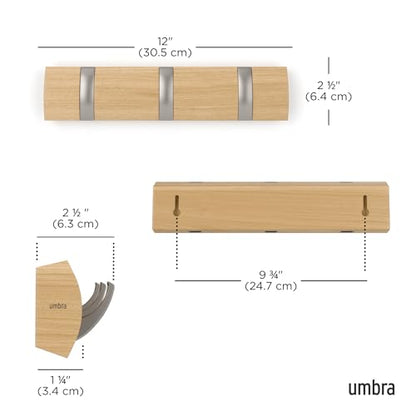 Umbra Flip Coat Rack, Wall Mount Retractable Hooks, 3-Hook, Natural/Nickel | Real wood and steel build, folds flat when not in use, holds coats bags and scarves, easy install - color: Natural/Nickel, size: 3-Hook