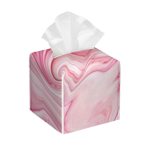 Pink Liquid Marble Tissue Box Cover Square, Tissue Box Holder with Bottom Belt Leather Facial Paper Organizer Dispenser for Bathroom Bedroom Dresser Night Stand Tabletop - color: Pink Liquid Marble