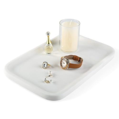 Marble Vanity Tray, 12"x8" Marble Catchall Tray for Countertop Bathroom Kitchen Dresser, Rectangular Decorative Stone Tray for Jewelry Cosmetics Perfume Trinket(White) - color: White