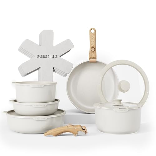 Country Kitchen Cookware Set with Removable Handle, Oven & RV Safe Pots and Pans Set, Cream Gold Speckle Wood Handle, Original - color: Cream Wood Handle, size: Original
