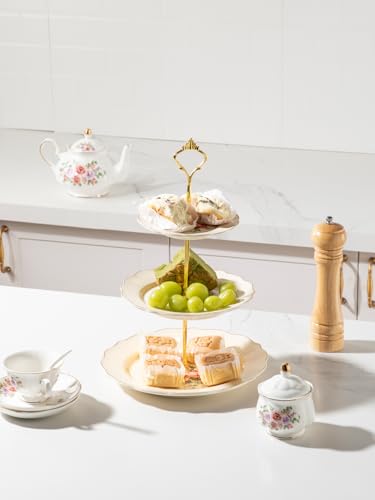 Sweejar 3 Tier Ceramic Cake Stand Wedding, Dessert Cupcake Stand for Tea Party Serving Platter(Rose) - color: Rose