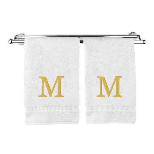 Monogrammed Hand Towel, Personalized Gift, Set of 2- Gold Block Letter Embroidered Towel - Extra Absorbent 100% Turkish Cotton - Soft Terry Finish - Initial M White - color: White & Gold, size: Initial M