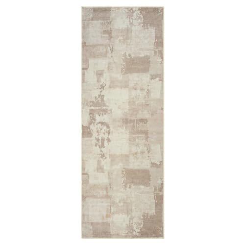 GLN Rugs Bohemian - Troy - Machine Washable Runner Rug, Boho Washable, Non Slip, Low Pile Chenille Area Rug, Hallway, Bedroom, Kitchen Rug - Easy Clean (2'6" x 10' Abstract Tan) - color: Abstract Tan, size: 2'6" x 10' (Runner)