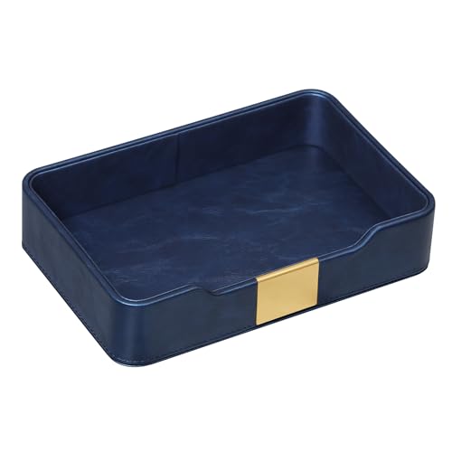 PU Leather Valet Tray, Nightstand Organizer, Catchall Tray, Blue | 10.2" x 6.7" Decorative Tray with Gold Trim, Key Bowl for Entrayway Table Bedside Dresser, Vanity Perfume Tray for Men Women - color: Navy Blue