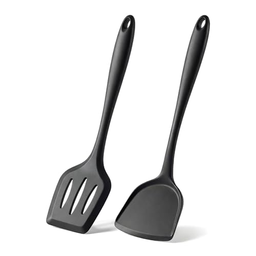 2-Pack Silicone Spatula Set, Heat Resistant Spatulas for Baking & Mixing, BPA-Free Solid & Slotted Turner for Non-Stick Pans, Kitchen Utensils for Scraping, Sauteing and Flipping (Black) - color: Black