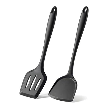2-Pack Silicone Spatula Set, Heat Resistant Spatulas for Baking & Mixing, BPA-Free Solid & Slotted Turner for Non-Stick Pans, Kitchen Utensils for Scraping, Sauteing and Flipping (Black) - color: Black