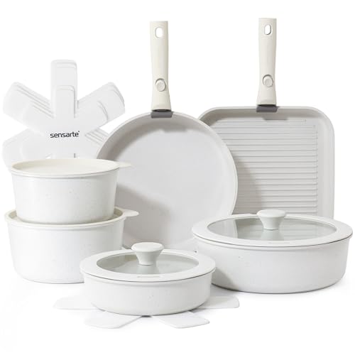 SENSARTE 17 Piece Nonstick Detachable Handle Pots and Pans Set White | Removable Handle Cookware Set, Induction Cookware Set with Removable Handle, Healthy Non Stick for RV, Dishwasher ＆ Oven Safe - color: White, size: 17 Piece