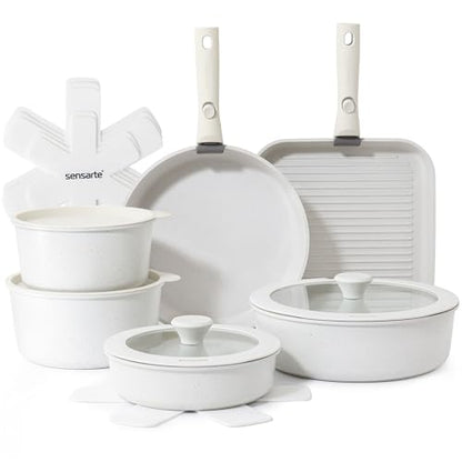 SENSARTE 17 Piece Nonstick Detachable Handle Pots and Pans Set White | Removable Handle Cookware Set, Induction Cookware Set with Removable Handle, Healthy Non Stick for RV, Dishwasher ＆ Oven Safe - color: White, size: 17 Piece