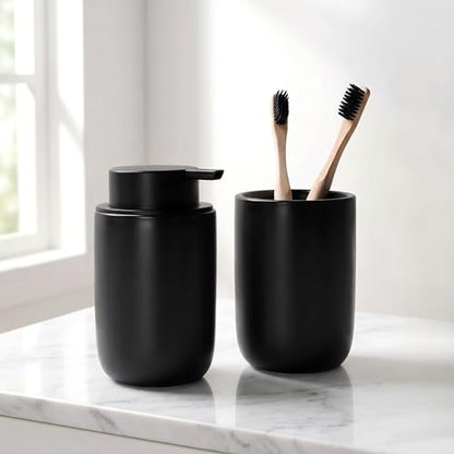 Bosilunlife Soap Dispenser and Toothbrush Holder Set - Dish Hand Soap Dispenser Bathroom Set Ceramic Bathroom Counter Soap Toothbrush Holder Set Black Bathroom Accessories Set - color: Black-cylinder Liquid Pump & Toothbrush Holder