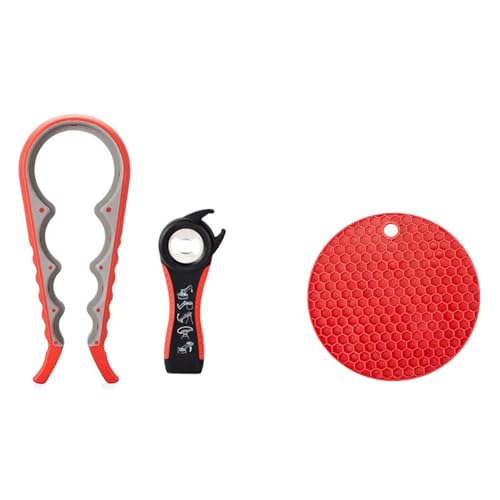 3 Piece Jar Opener Labor Saving Tool Set For Seniors Arthritis Weak Hands | Lever eases arthritic wrist strain dual honeycomb silicone mat heat trivet compact dishwasher safe gift for elderly seniors - color: red and grey
