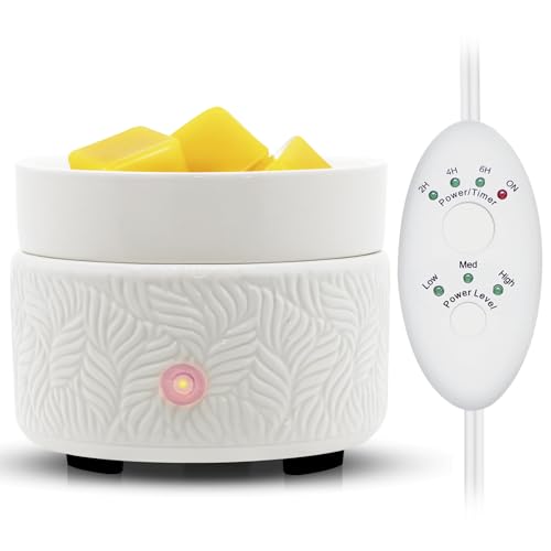 Candle Wax Melts Warmer Burner - Ceramic Essential Oil Warmer 3-in-1 candle warmer Timer Adjust Fragrance Intensity Auto Shut Off for Scented Wax Tart Cube Aromatherapy Home Office Bedroom Decor Gifts - color: White Leaf Timer