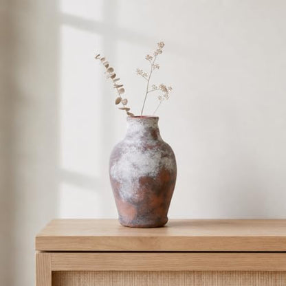 Handmade Rustic-Style Ceramic Decorative vase, Dimensions 8.3 x 5.5 inches, Featuring Distressed Gray and Terracotta hues, Suitable for Rustic, Country, and Various Decor Styles.